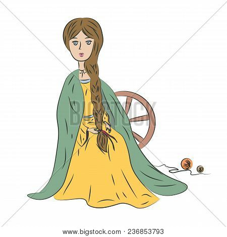 A Young Girl With A Long Pigtail Behind A Spinning Wheel.