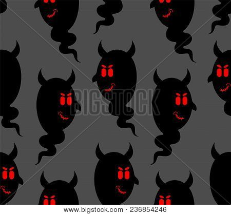 Heck Seamless Pattern. Daemon Black Ghost Background. Evil Spook With Horns.
