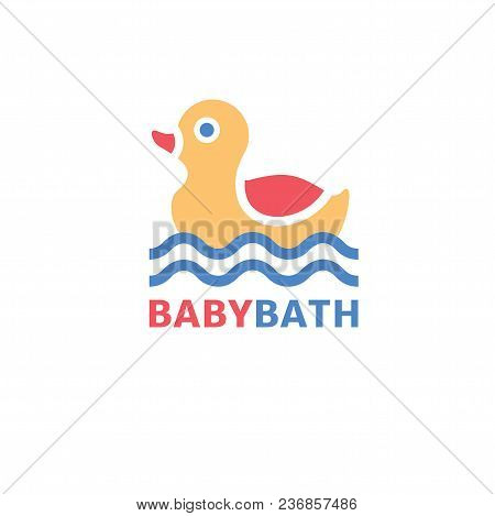 Baby Bath Logo. Yellow Rubber Duck On Blue Linear Waves. Vector Symbol Of Baby Shower Isolated On Wh