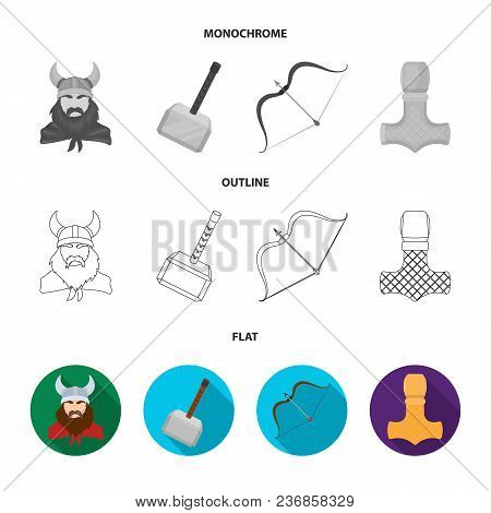 Viking In Helmet With Horns, Mace, Bow With Arrow, Treasure. Vikings Set Collection Icons In Flat, O