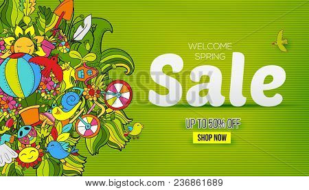 Season Sale Promo Banner. Doodles Abstract Decorative Summer Vector Isolated On White Background Wit