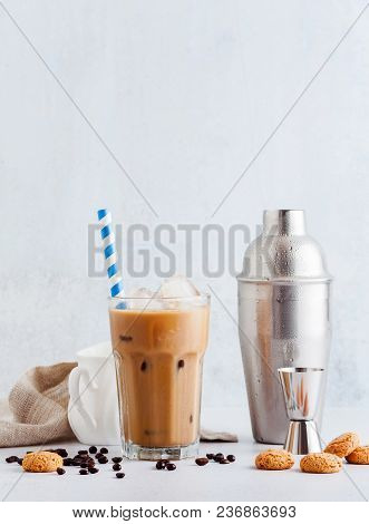 Coffee Frappe In A Tall Glass With Ice . And Amaretti Cookies