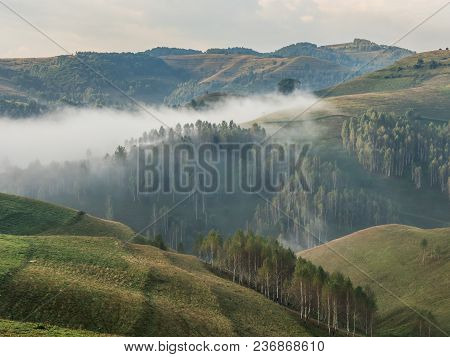 Beautiful Mountain Landscape Of A Foggy Morning With Trees On Hills, Dumesti, Salciua, Apuseni, Roma
