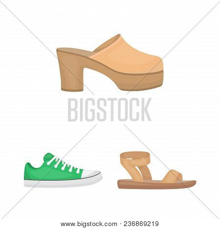 A Variety Of Shoes Cartoon Icons In Set Collection For Design. Boot, Sneakers Vector Symbol Stock  I