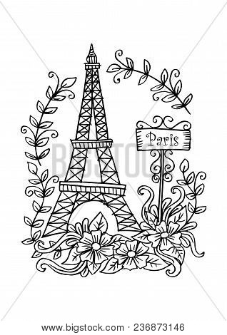 Eiffel Tower With Floral Ornament. Hand Drawing Illustration.