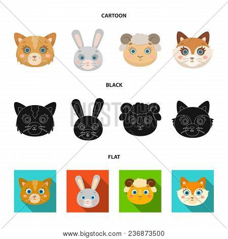 Cat, Rabbit, Fox, Sheep. Animal Muzzle Set Collection Icons In Cartoon, Black, Flat Style Vector Sym