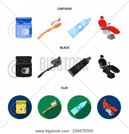 Dental Floss, Toothbrush, Toothpaste, Dental Chair. Dental Care Set Collection Icons In Cartoon, Bla
