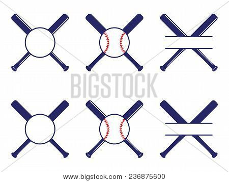 Vector Set With Baseball Logos, Split And Circle Monograms. Baseball Crossed Bats. Criss Cross Bats.