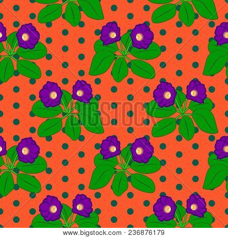 Vector Illustration, Bright Seamless Floral Pattern In Vintage Style, Beautiful Cartoon Purple Gloxi
