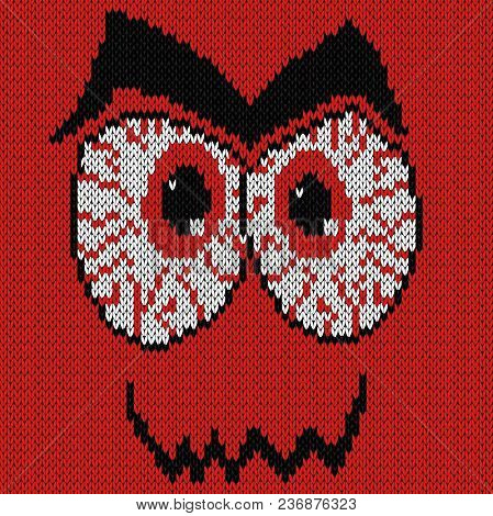 Angry Expression Grimace With Bloodshot Eyes, Knitting Vector Pattern As A Fabric Texture