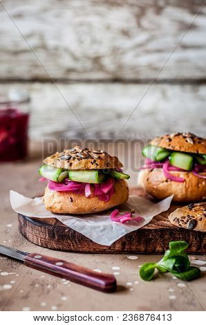 Bread Rolls Suffed With Pickeled Red Onions, Cucumber And Anything, Copy Space For Your Text