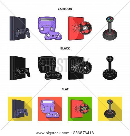 Game Console, Joystick And Disc Cartoon, Black, Flat Icons In Set Collection For Design.game Gadgets