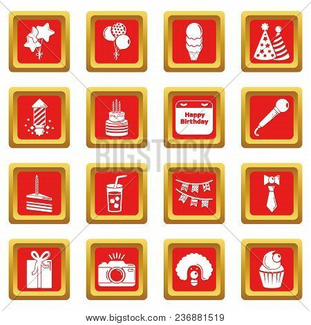 Happy Birthday Icons Set Vector Red Square Isolated On White Background