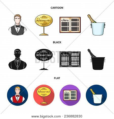 Waiter, Reserve Sign, Menu, Champagne In An Ice Bucket.restaurant Set Collection Icons In Cartoon, B