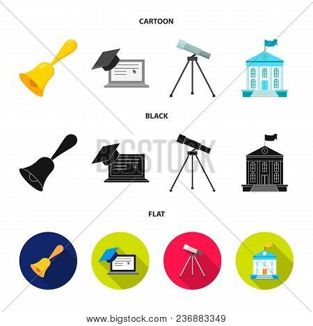 School Bell, Computer, Telescope And School Building. School Set Collection Icons In Cartoon, Black,