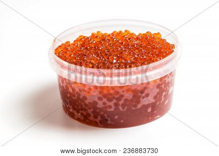Red Caviar Salmon In A Jar On A White Background