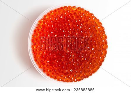 Red Caviar Salmon In A Jar On A White Background