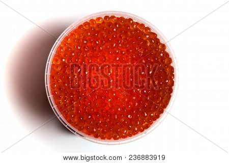 Red Caviar Salmon In A Jar On A White Background