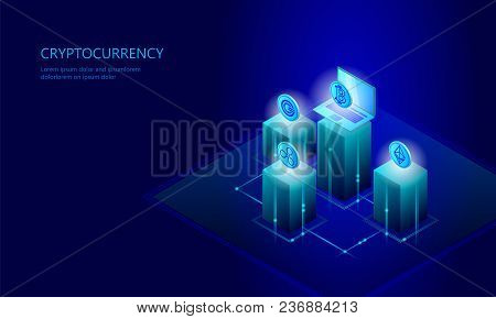 Isometric Internet Cryptocurrency Coin Business Concept. Blue Glowing Isometric Bitcoin Ethereum Rip