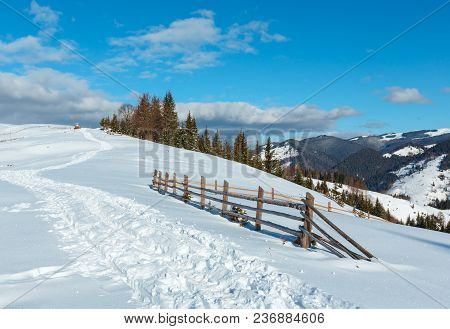 Winter  Morning Scenery Picturesque Mountain Rural Snow Covered Path And Footprint On Hill Top (ukra