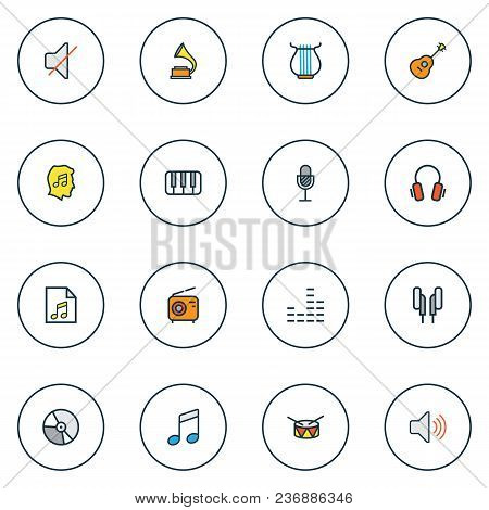 Audio Icons Colored Line Set With Vinyl, Equalizer, Fanatic And Other Sound Elements. Isolated Vecto