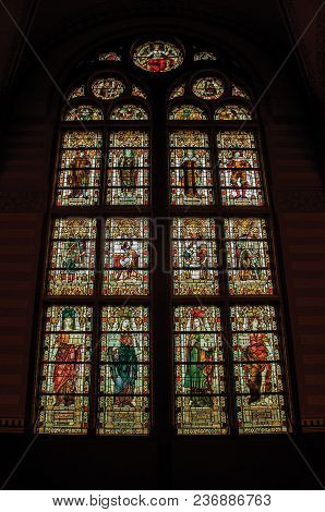 Amsterdam, Northern Netherlands - June 24, 2017. Colorful Stained Glass Window At The Rijksmuseum (n