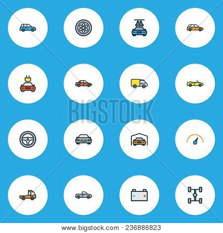 Auto Icons Colored Line Set With Carwash, Sedan, Wheelbase And Other Sport  Elements. Isolated Vecto