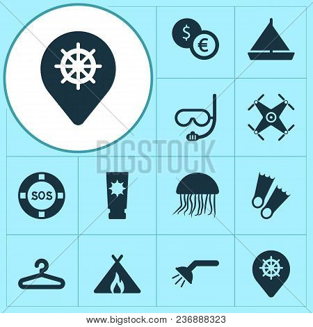 Journey Icons Set With Jellyfish, Lifebuoy, Flippers And Other Bathroom Elements. Isolated  Illustra