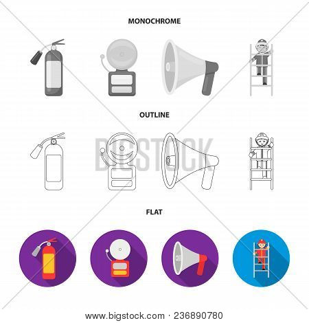 Fireman, Flame, Fire Truck. Fire Department Set Collection Icons In Flat, Outline, Monochrome Style 