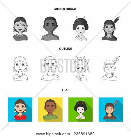Chinese, Ukrainian, Russian, Eskimo. Human Race Set Collection Icons In Flat, Outline, Monochrome St