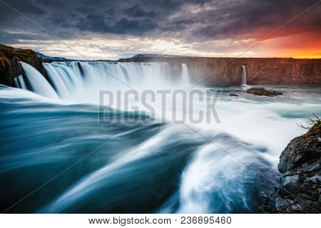 Amazing view of powerful Godafoss cascade. Location Bardardalur valley, Skjalfandafljot river, Iceland, Europe. Scenic image of beautiful nature landscape. Summer scene. Discover the beauty of earth.
