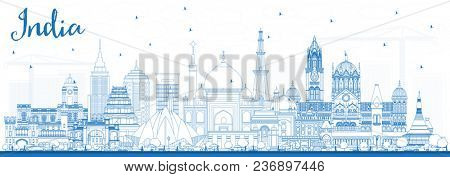 Outline India City Skyline with Blue Buildings. Delhi. Mumbai, Bangalore, Chennai. Business Travel and Tourism Concept with Historic Architecture. India Cityscape with Landmarks.