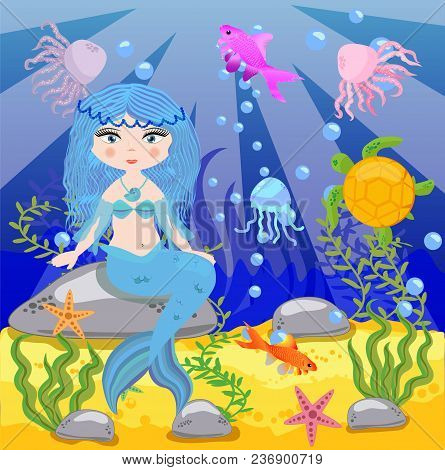 Vector Background With An Underwater World In A Children's Style. A Mermaid Is Sitting On A Rock. Wo