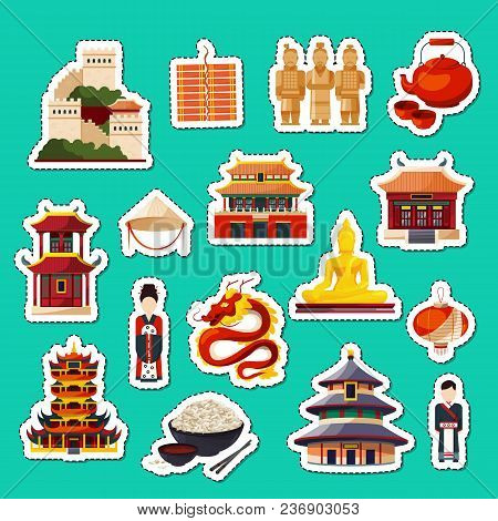Vector Set Of Flat Style China Elements And Sights Stickers Architecture Illustration
