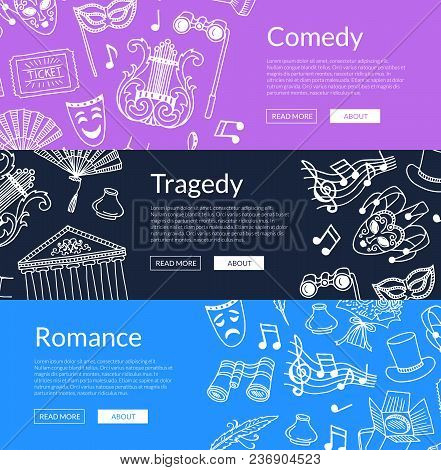 Vector Doodle Theatre Elements Horizontal Web Banners Or Posters Illustration