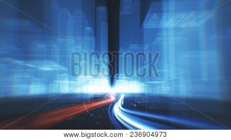 Abstract Background Of Fiber Optic Cables Carrying Information Into Wireframe City Buildings 3d Illu