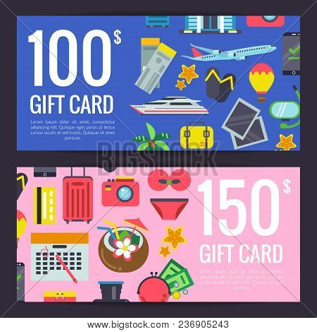 Vector Flat Travel Elements Discount Or Gift Card Voucher Templates Illustration
