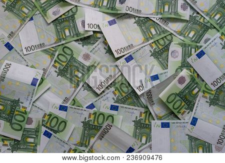Scattered 100 Euro, Banknotes, European Currency - Background.