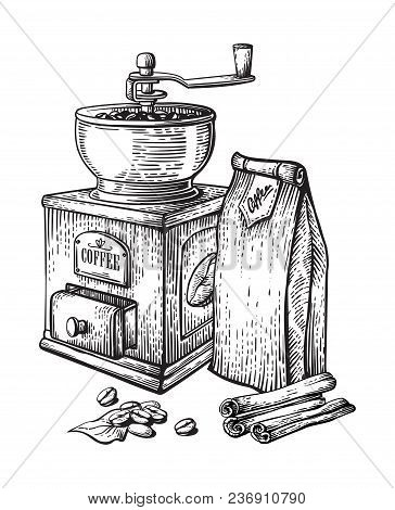 Vector Illustration Of Coffee Grinder Cup Beans Collection Packing Retro Cinnamon