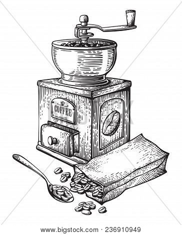 Vector Illustration Of Coffee Grinder Cup Beans Collection Packing Retro