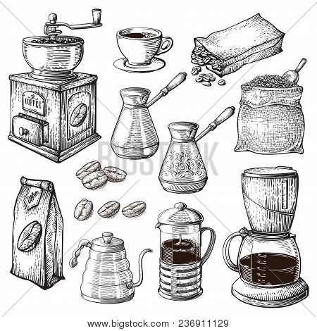 Coffee Hand Drawn Collection. Vector Sketch Illustration Set With Turk Cups Bag With Beans Maker Ket