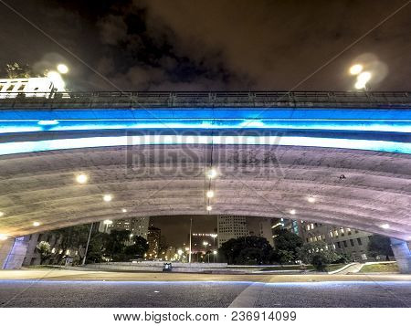 Sao Paulo, Brazil, March 27, 2018.  Night View Of Downtown Sao Paulo With Viaduto Do Cha Iluminated 