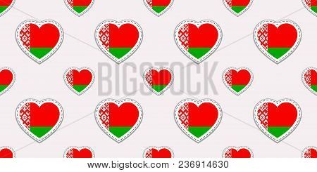 Belarus flag seamless pattern. Vector belarusian flags stiсkers. Love hearts symbols. Background for languages courses, sports pages, travel, geographic, cartographic elements. patriotic design