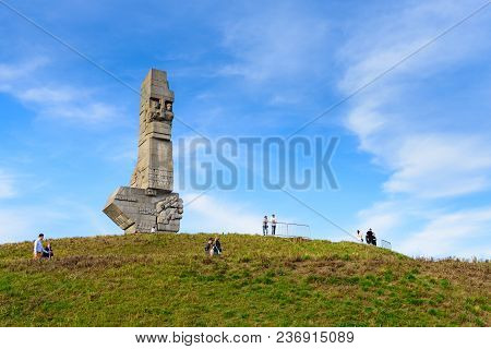 Gdansk Westerplatte, Poland - April 15, 2018: People Standing Near Monument In Memory Of The Polish 