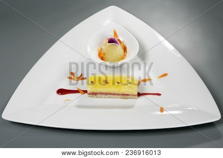 Gourmet Food On White Triangle Plate, Meal