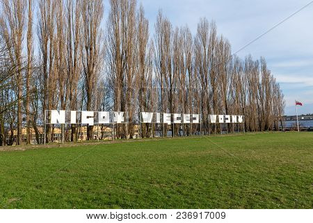 Gdansk Westerplatte, Poland - April 15, 2017: Inscription War Never Again (polish: Nigdy Więcej Wojn