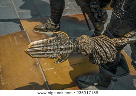 Close-up Of Spearhead In Bronze Sculpture On The Rembrandt Square In A Sunny Day At Amsterdam. The C