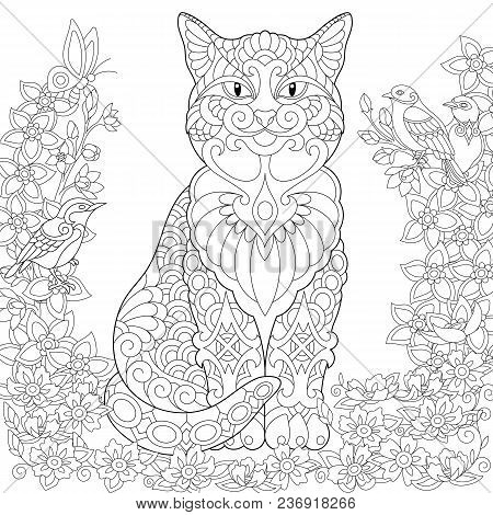 Cat Coloring Page. Adult Coloring Book Idea. Antistress Freehand Sketch Drawing With Doodle And Zent