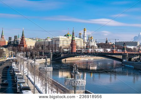 The Most Recognizable Moscow Panoramic View. Bolshoy Kamenny Bridge Over The Moscow River. Ancient K