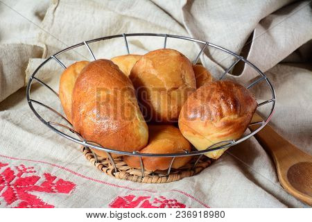 Russian Hot Pies With Filling In A Basket